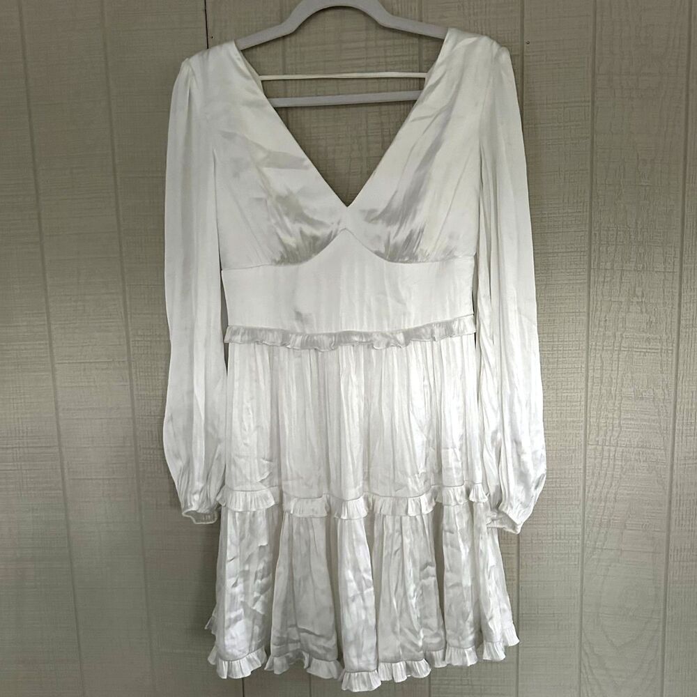 David's Bridal DB Studio Ruffle V Neck Long Balloon Sleeve Mini White Dress 6